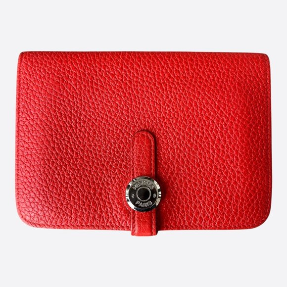 Hermes Red Togo & Palladium Hardware Compact Dogon Wallet